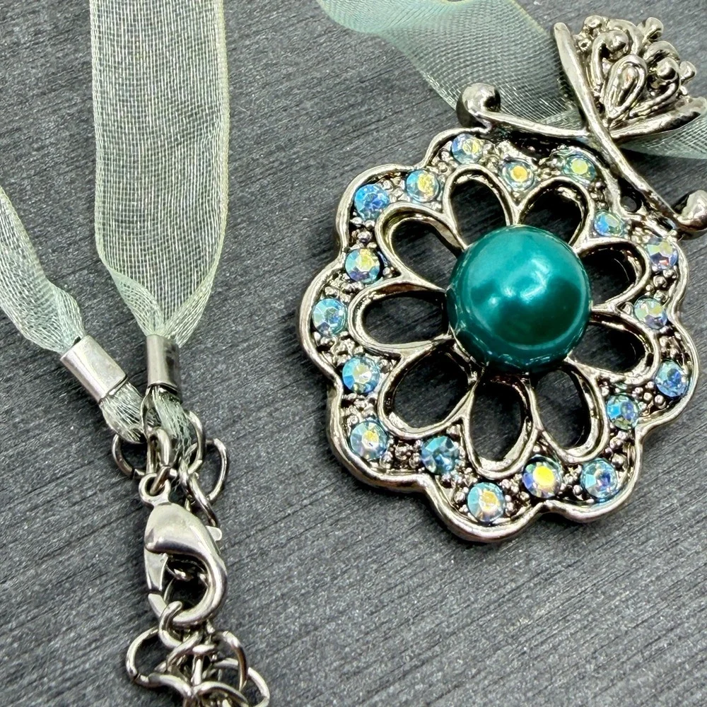 Necklace Teal Faux Pearl AB Rhinestone Silver Tone Flower Organza Ribbon Boho